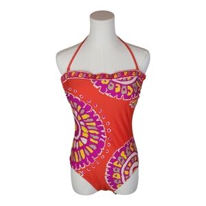 Trina Turk Orange Medallion One-Piece Swimsuit Halter Back Tie Size 8